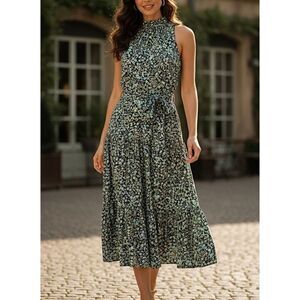 J Crew Drapey tiered midi dress size 00  XS fall garden floral Green Ditsy Sleev